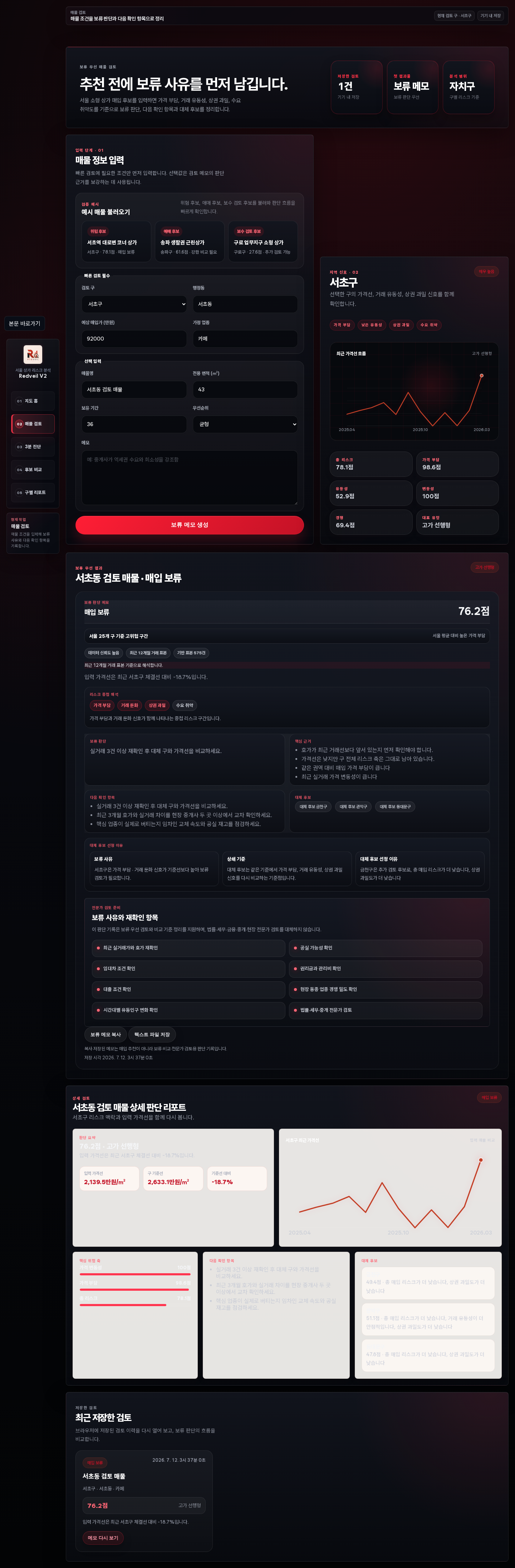 Redveil V2 매물 검토 화면에서 서초동 매물 조건과 보류 판단 메모를 보여주는 화면